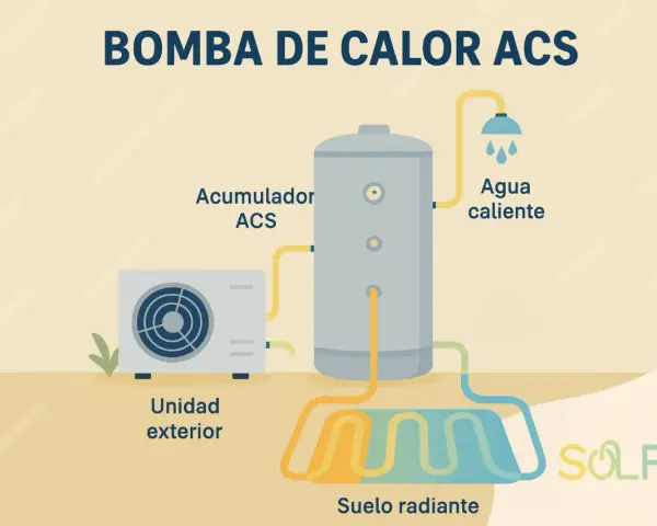 Bomba de calor ACS con unidad exterior, acumulador de agua caliente sanitaria y suelo radiante.