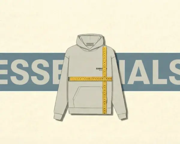 Szara bluza z kapturem, na której miarka krawiecka pokazuje rozmiar 14. W tle napis "ESSENTIALS".