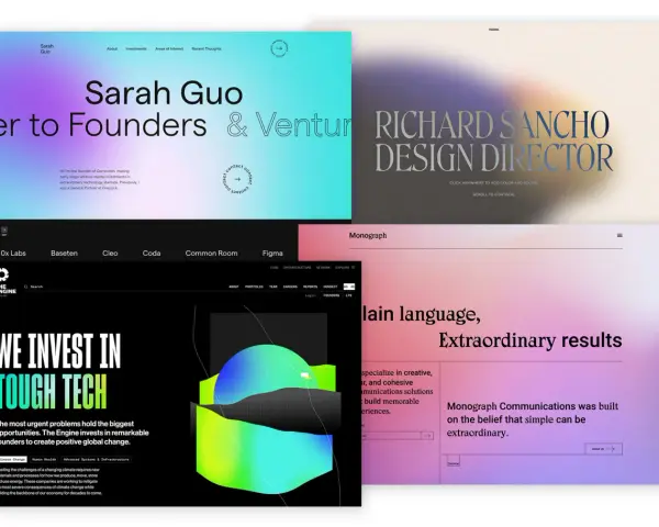 Moderne Websites mit klarem Layout und Farbverläufen. Ein Beispiel für gutes Webdesign, das Informationen über Gründer, Investitionen und Design präsentiert.