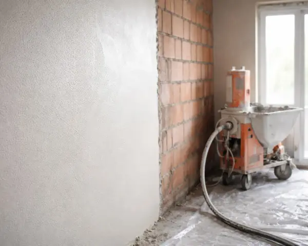 Miksokret w akcji, nakładający tynk na ścianę z cegły. Praca w toku, przygotowanie do wykończenia wnętrza.