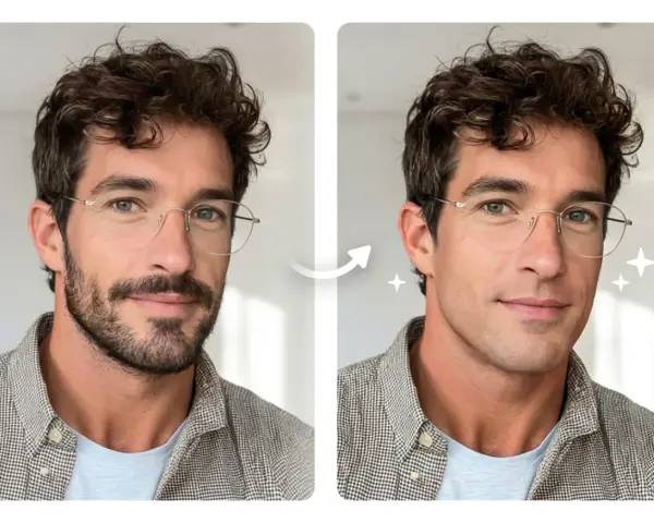 Un hombre con barba sin bigote se transforma a un rostro afeitado y radiante.