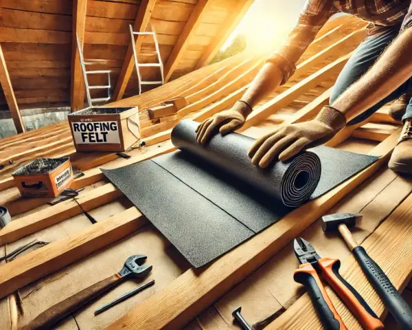 Ręce w rękawiczkach rozwijają najlepszą papę termozgrzewalną na drewnianym dachu. Narzędzia i skrzynka z napisem "ROOFING FELT" czekają.