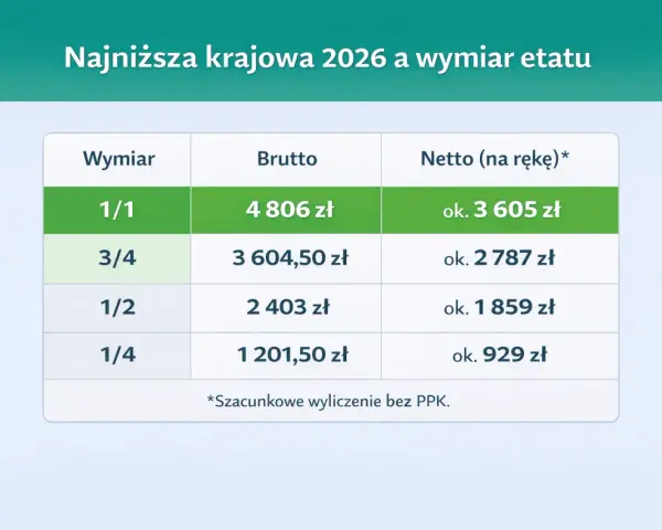 Tabela pokazuje najniższą krajową w Polsce w 2026 roku dla różnych wymiarów etatu: 1/1, 3/4, 1/2, 1/4. Podano kwoty brutto i netto.