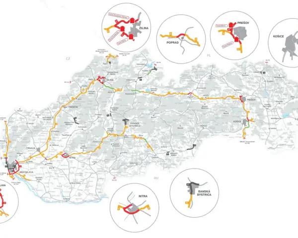 Słoneczna Słowacja: mapa dróg z zaznaczonymi autostradami i tunelami, pokazująca główne miasta jak Bratysława, Żylina, Koszyce.