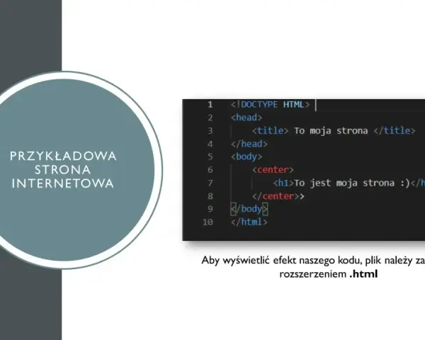 Grafika przedstawia fragment kodu HTML z tekstem "Przykładowa strona internetowa" w okręgu.