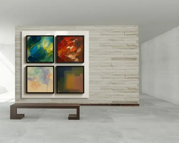 Un banc en bois devant un mur de briques, présentant quatre œuvres d'art : différent type de peinture dessin abstrait.