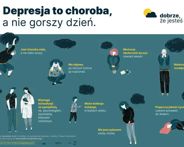 Ilustracja pokazuje osoby zmagające się z depresją, objawiającą się anhedonią, brakiem radości.
