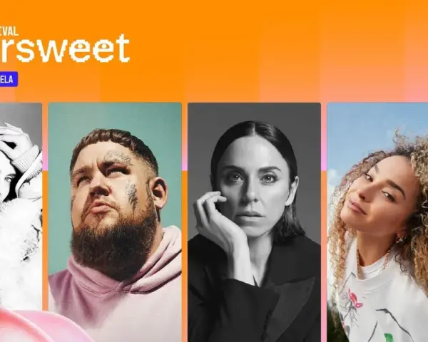 Plakaty artystów na festiwalu Bittersweet 2026 w Poznaniu: artystka w białym futrze, mężczyzna z tatuażami, Melanie C, kobieta z kręconymi włosami i mężczyzna w okularach.