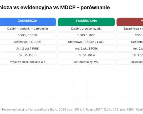 Porównanie map: zasadnicza, ewidencyjna i MDCP. Tabela przedstawia zakres, skalę, prowadzącego, podstawę prawną, cenę i zastosowanie każdej mapy.
