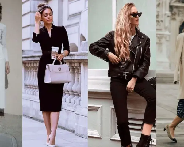 Quatre femmes présentent différents styles vestimentaires : blanc monochrome, robe noire élégante, perfecto rock, et tenue chic avec béret.