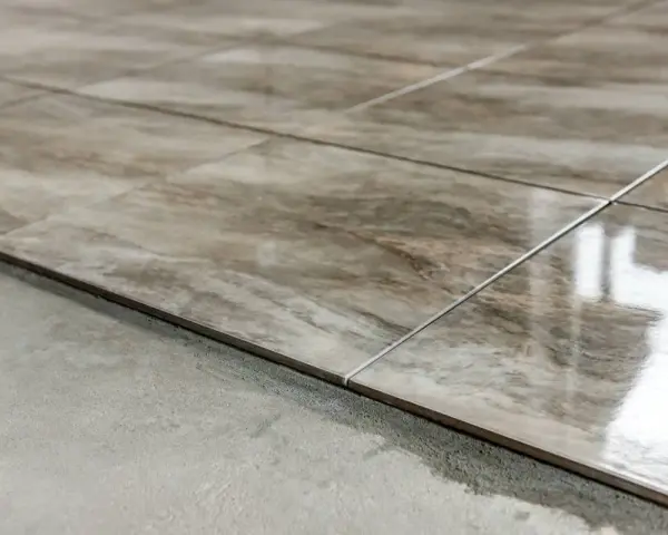 Detalles de diferentes tipos de suelos para casas: baldosas de cerámica con veteado de mármol sobre una base de hormigón.