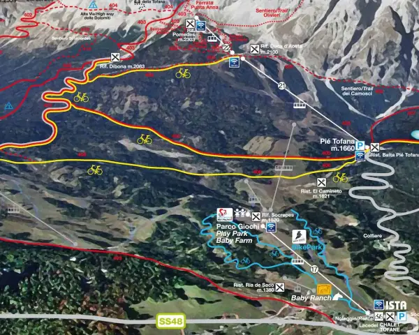 Mappa di sentieri montani con indicazioni per il "Sentiero dei Camosci", rifugi, piste ciclabili e aree gioco.