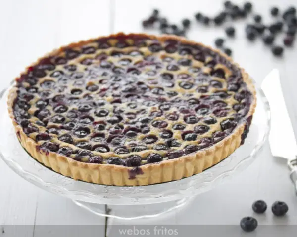 Tarta de arandanos casera, con masa dorada y arándanos jugosos, lista para disfrutar.