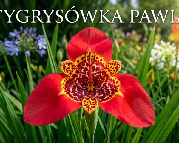 Tygrysówka pawia, z czerwonymi płatkami i cętkowanym wnętrzem, kwitnie wśród zieleni i innych barwnych kwiatów.