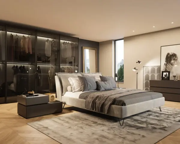 Camera da letto moderna con comò scuro, specchio dorato e un armadio a vista. Ideale per ispirazione su cosa mettere sul comò della camera da letto moderna.