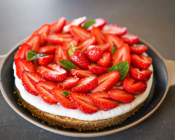 Tarte aux fraises mascarpone, une gourmandise estivale recouverte de fruits rouges frais et de feuilles de menthe.