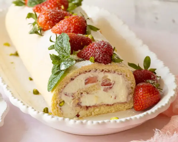 Eine köstliche Erdbeer Biskuitrolle, verziert mit frischen Erdbeeren, Minze und Pistazien, auf einem weißen Teller.
