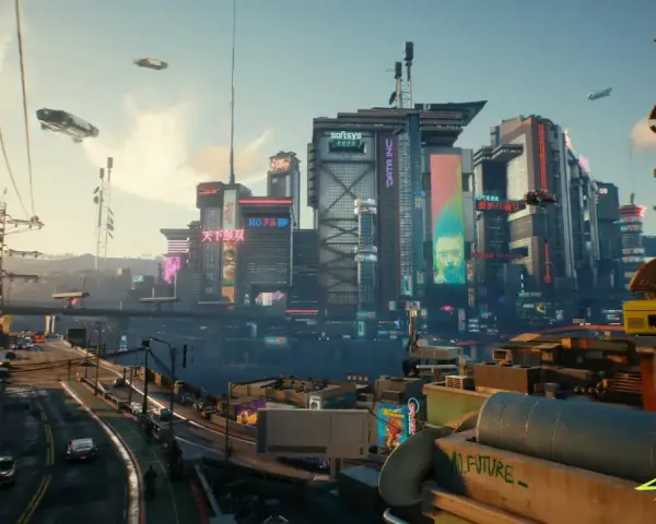 Ciudad futurista con rascacielos iluminados por neón, vehículos voladores y un ambiente de nivel máximo cyberpunk.