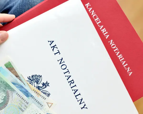 Akt notarialny i polskie banknoty w dłoni.