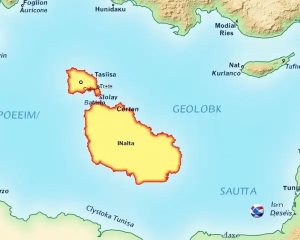 Mapa pokazuje, gdzie leży Malta, między Tunezją a Włochami. Widać archipelag z wyspami Gozo i Comino.