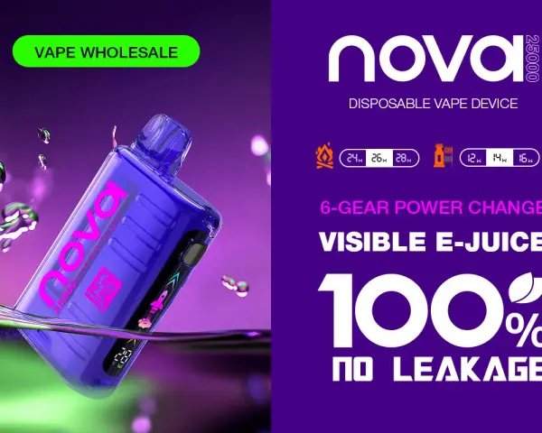 Vape Nova 25000, un dispositivo desechable con 6 niveles de potencia y e-líquido visible. ¡Disfruta de una experiencia de vapeo sin fugas!