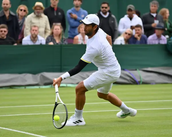 Fernando Verdasco Carmona, tenista español, golpea la pelota en una cancha de césped.