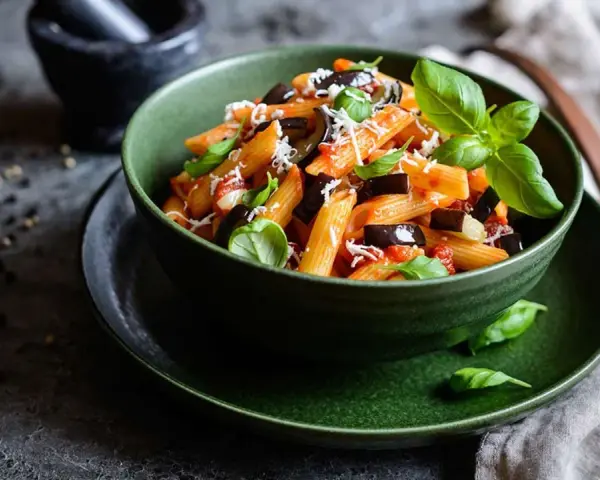 Un plato de pasta alla norma, con penne, berenjena, salsa de tomate y albahaca fresca, espolvoreado con queso rallado.