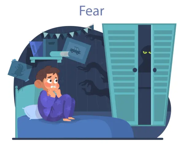 Ein Junge im Bett, ängstlich wegen Schatten und einem Monster im Schrank. Illustration zum Thema Umgang mit Angst bei Kindern.
