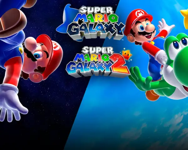 Mario Bros. y Yoshi vuelan por el espacio y el cielo, promocionando Super Mario Galaxy y Super Mario Galaxy 2 para Nintendo Switch.