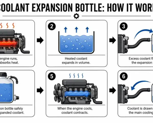 Diagram shows how coolant absorbs engine heat, expands, flows to an expansion bottle, and returns as the engine cools.