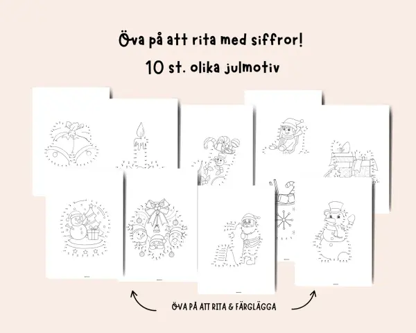 Jul ritningar med siffror för att öva på att rita 10 olika julmotiv, som snögubbar, tomtar och presenter.