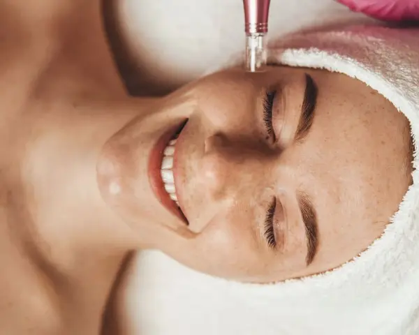 Uśmiechnięta kobieta poddana zabiegowi dermapenem. Po zabiegu ważne jest odpowiednie nawilżenie, dlatego warto wybrać łagodny krem po dermapenie.