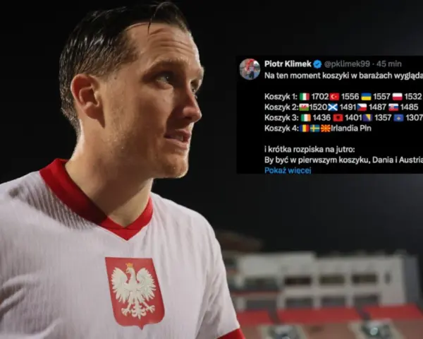 Piłkarz w koszulce z orłem na piersi, obok tweet o potencjalnych parach baraży o ekstraklasę.