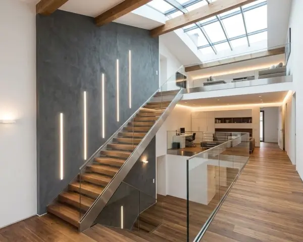 Nowoczesne oświetlenie schodowe LED podkreśla drewniane stopnie i szklane balustrady. Inspiracja, jak podłączyć oświetlenie schodowe.