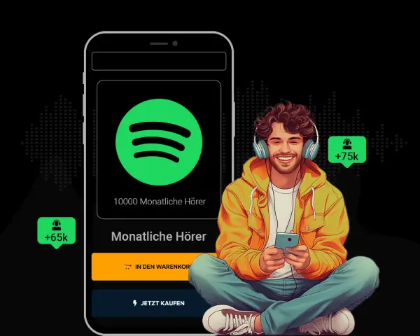 Ein lächelnder Mann mit Kopfhörern und Smartphone. Eine Spotify-App zeigt 10.000 monatliche Hörer, während Benachrichtigungen +65k und +75k Hörer anzeigen.