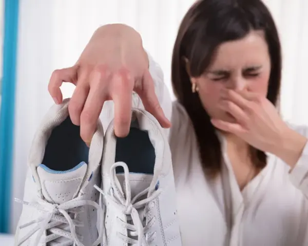 Mujer tapándose la nariz por el mal olor de sus zapatillas blancas. ¡Descubre cómo quitar el olor de los pies y de tu calzado!