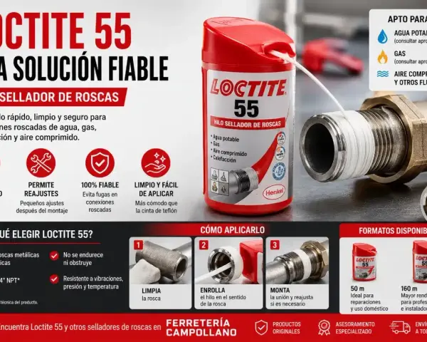 Loctite 55: hilo sellador para conexiones de agua, gas y calefacción. Fácil de aplicar, evita fugas. ¡La solución fiable que buscas!