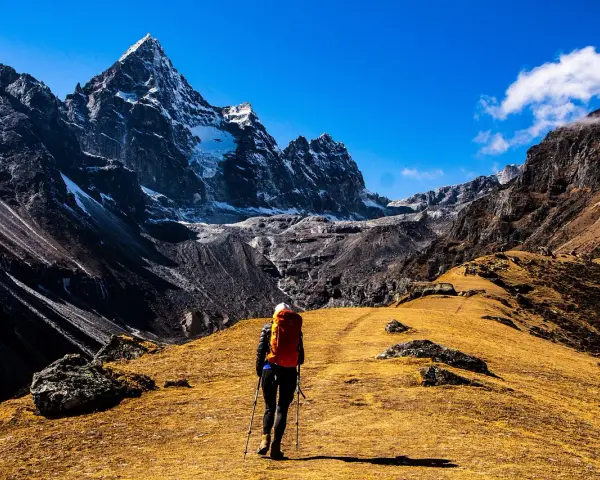 Osoba z plecakiem i kijkami wędruje przez żółtą trawę w kierunku ośnieżonych gór. To jest właśnie co to jest hiking.