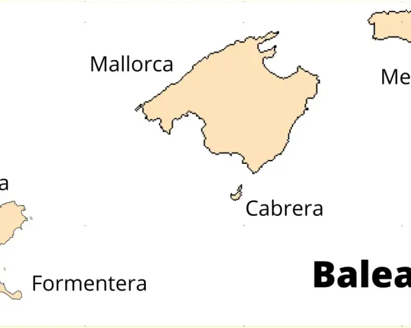 Baleary: jakie wyspy? Mapa pokazuje Majorkę, Minorkę, Ibizę, Formenterę i Cabrerę.