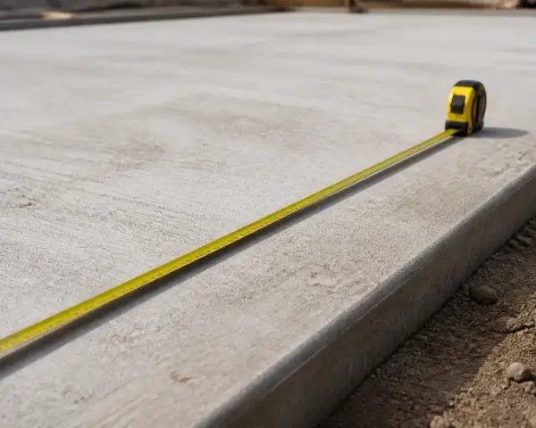 Mètre ruban sur une dalle de béton fraîchement coulée, 15 cm d'épaisseur. Le temps de séchage est crucial.