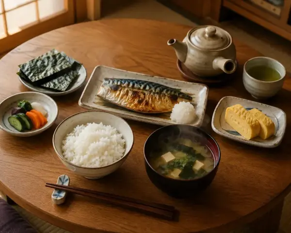 Tradycyjny posiłek w stylu japońskim: ryż, grillowana makrela, zupa miso, tamagoyaki, marynowane warzywa i nori.