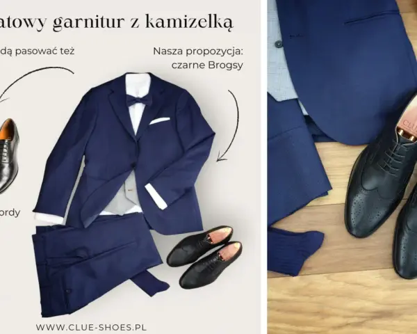 Granatowy garnitur z kamizelką i czarne Brogsy – idealne połączenie. Jakie buty do granatowego garnituru? Brogsy lub Oxfordy.