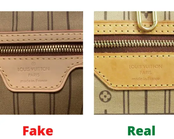 Confronto tra un'etichetta Louis Vuitton falsa e una originale. La dicitura "made in France" è corretta, ma la qualità della pelle e la stampa rivelano la differenza.