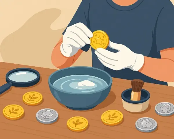 Comment faire briller une pièce de monnaie : une personne avec des gants tient une pièce dorée, près d'un bol d'eau, d'une loupe et d'autres pièces.
