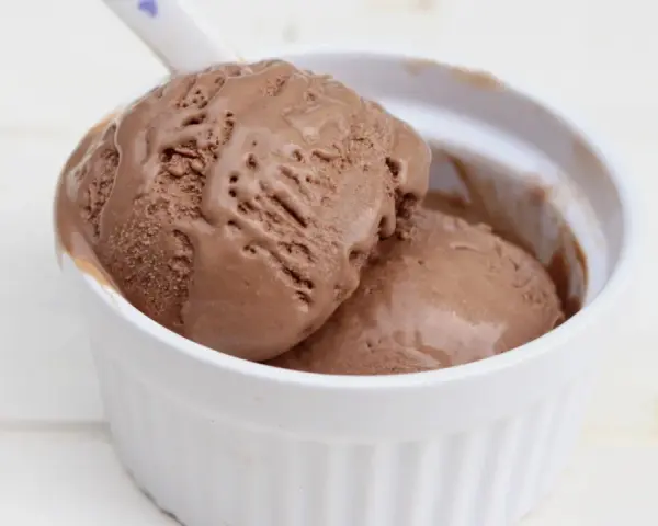 Dos bolas de cremoso helado de chocolate derritiéndose en un cuenco blanco.