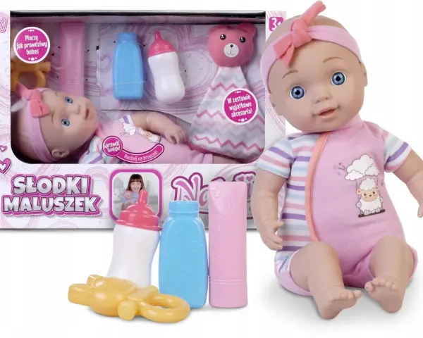 Mój ogródek, mój bobas! Lalka "Słodki Maluszek" z akcesoriami: butelki, gryzak i przytulanka. Idealna do zabawy w mamę.