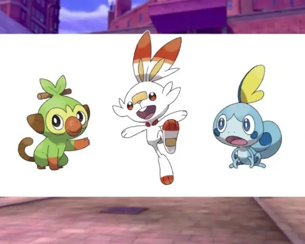 Los tres iniciales Pokémon Espada: Grookey, Scorbunny y Sobble, listos para la aventura.