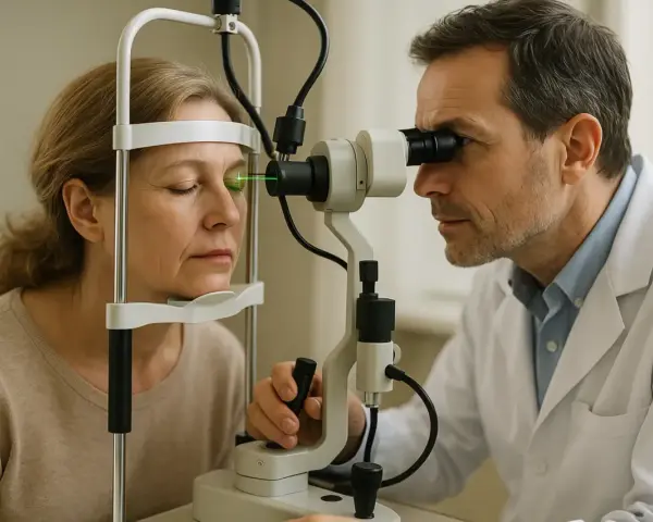 Oculista esegue trattamento laser SLT su paziente. Si discute delle controindicazioni per la salute oculare.