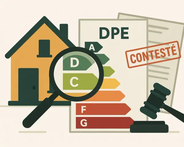 Maison sous loupe, DPE contesté, marteau de juge. Illustration de jurisprudence DPE erroné.