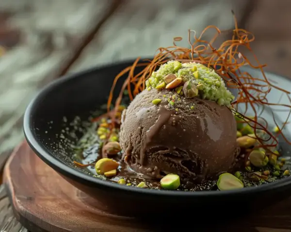 Schokoladeneis-Kugel mit Pistazien und Karamellfäden, ein Hauch von Dubai Eis.